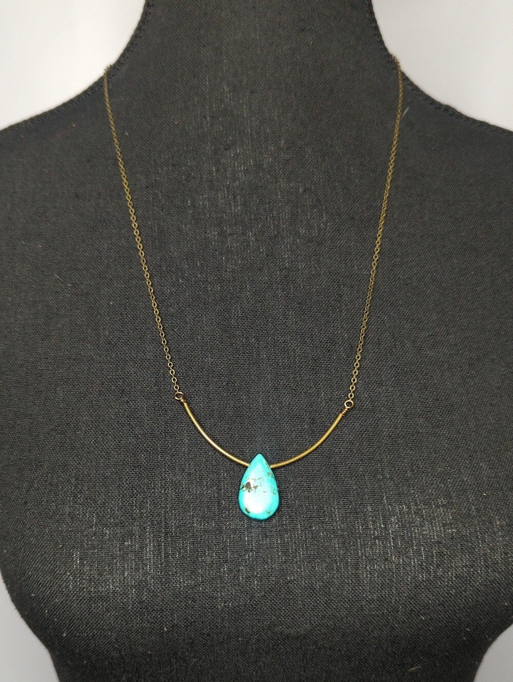 Boho Minimalist Genuine Turquoise Teardrop Curved Bar Necklace in Antique Brass